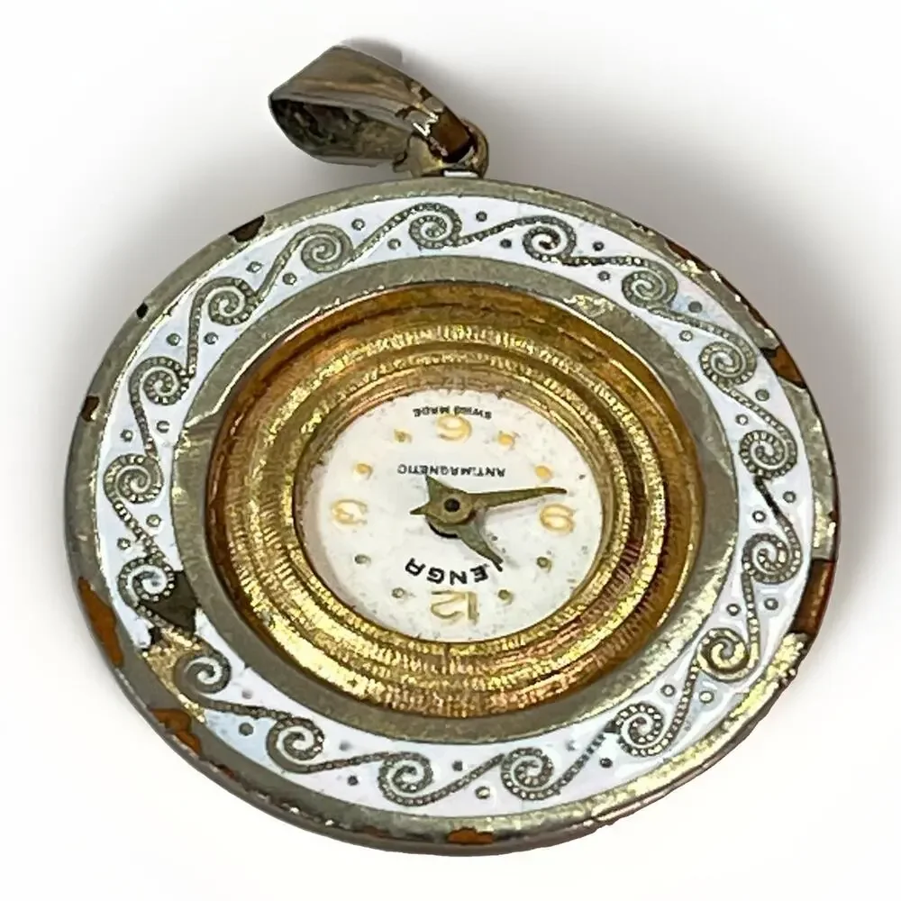Vintage Ienga Swiss Made Pendant Watch White Enamel Gold Tone 15.7g